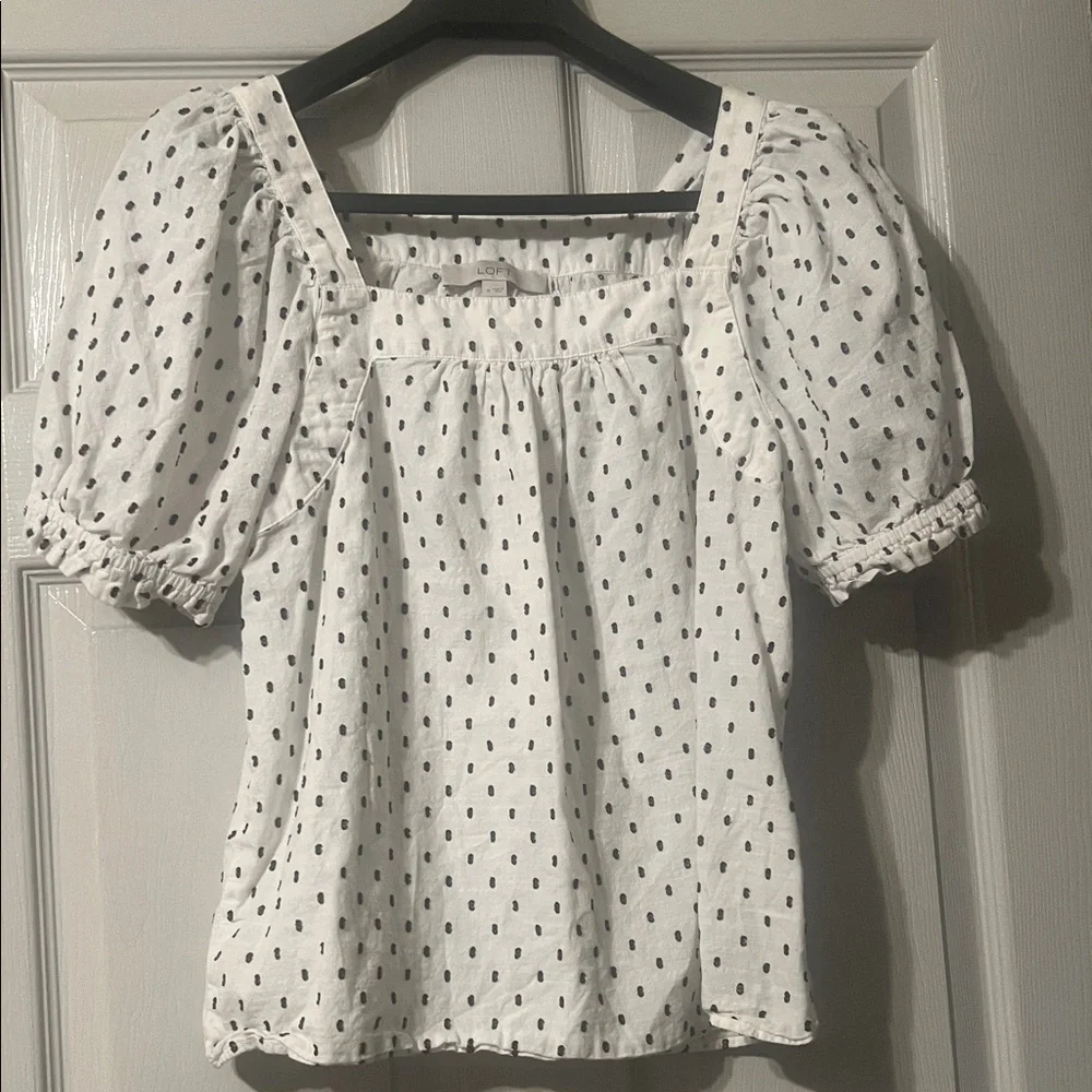 Square Neck Puff Sleeve White Top with Black Dot Print